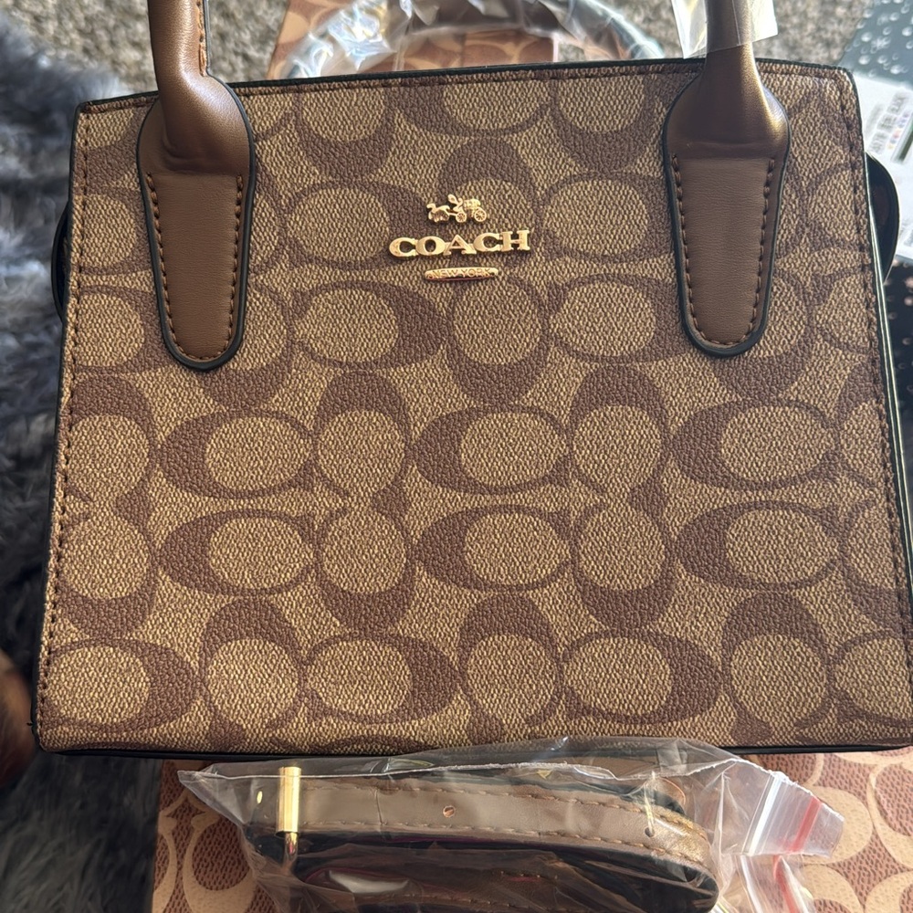 Coach Brown Signature Canvas Satchel with Gold Logo